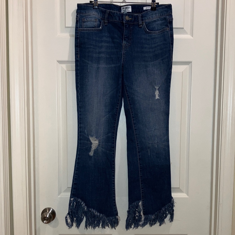 William Rast Crop Flare Raw Fringe Hem Distressed Jeans Size 29 High Rise Denim